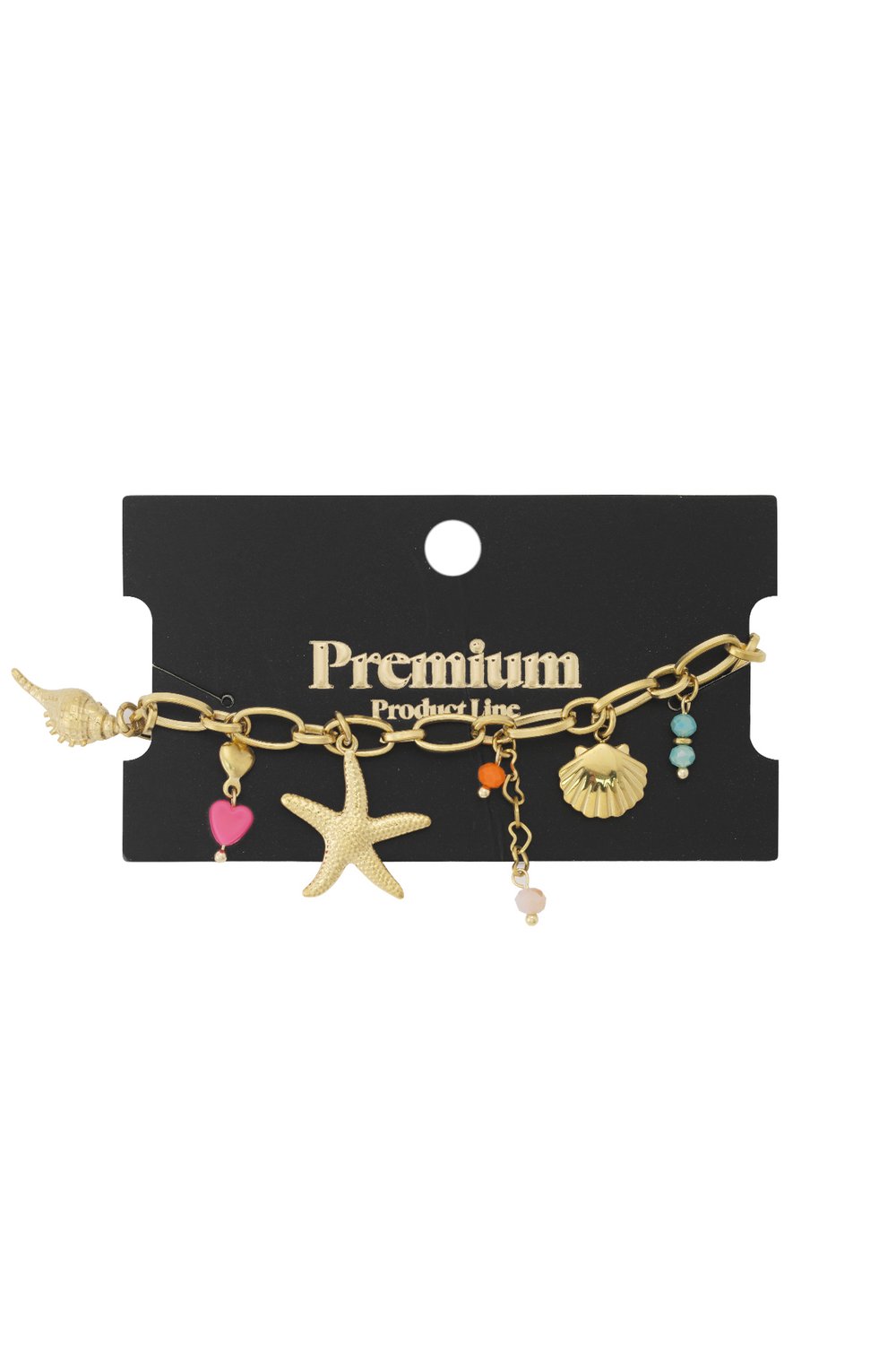 Gold chain bracelet with nautical charms: starfish, seashells, colorful beads, and a pink heart on a black display card.