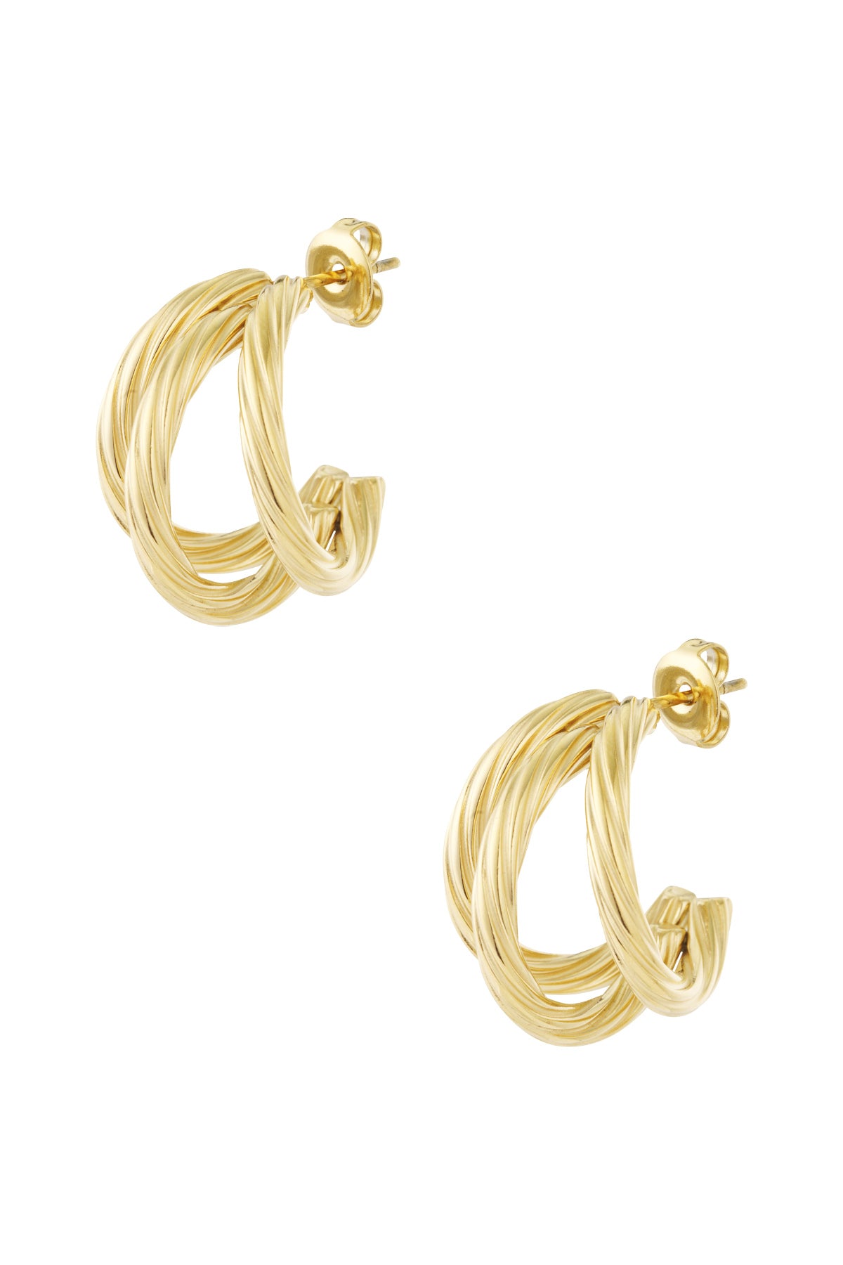 Pair of gold twisted hoop earrings with intertwined strands displayed on white background