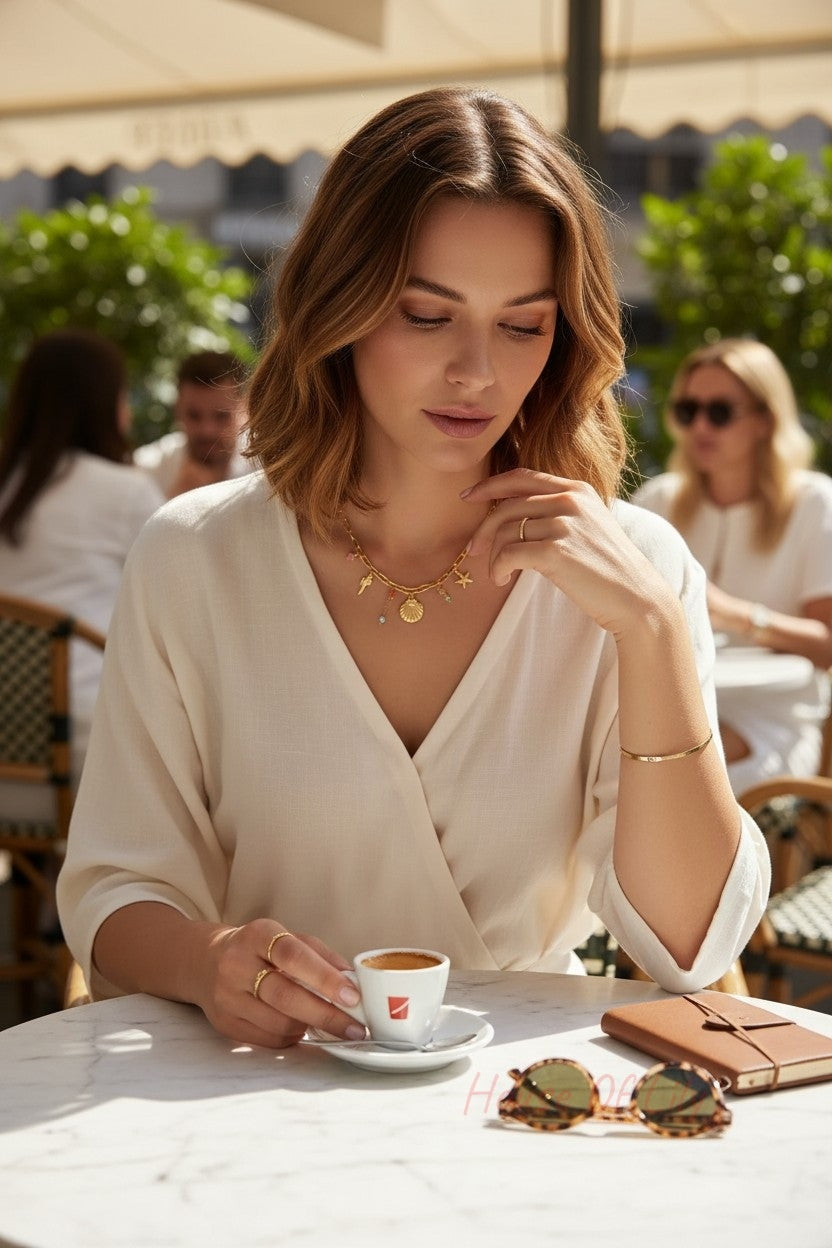 Gold chain necklace featuring a turtle, seashell, and starfish charms worn by a woman at a cafe.