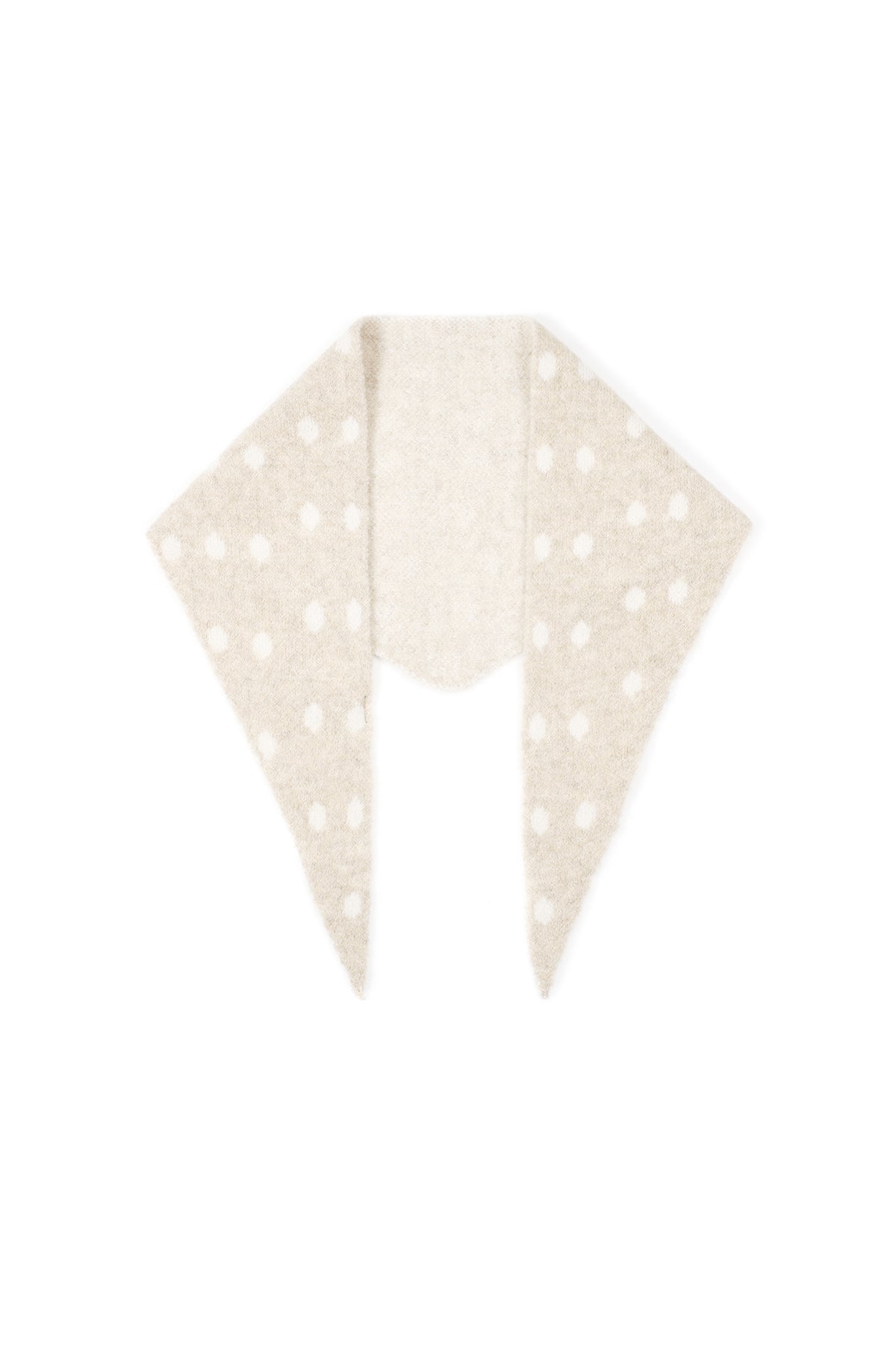 Soft knit triangle scarf in beige with white polka dots, displayed flat on white background