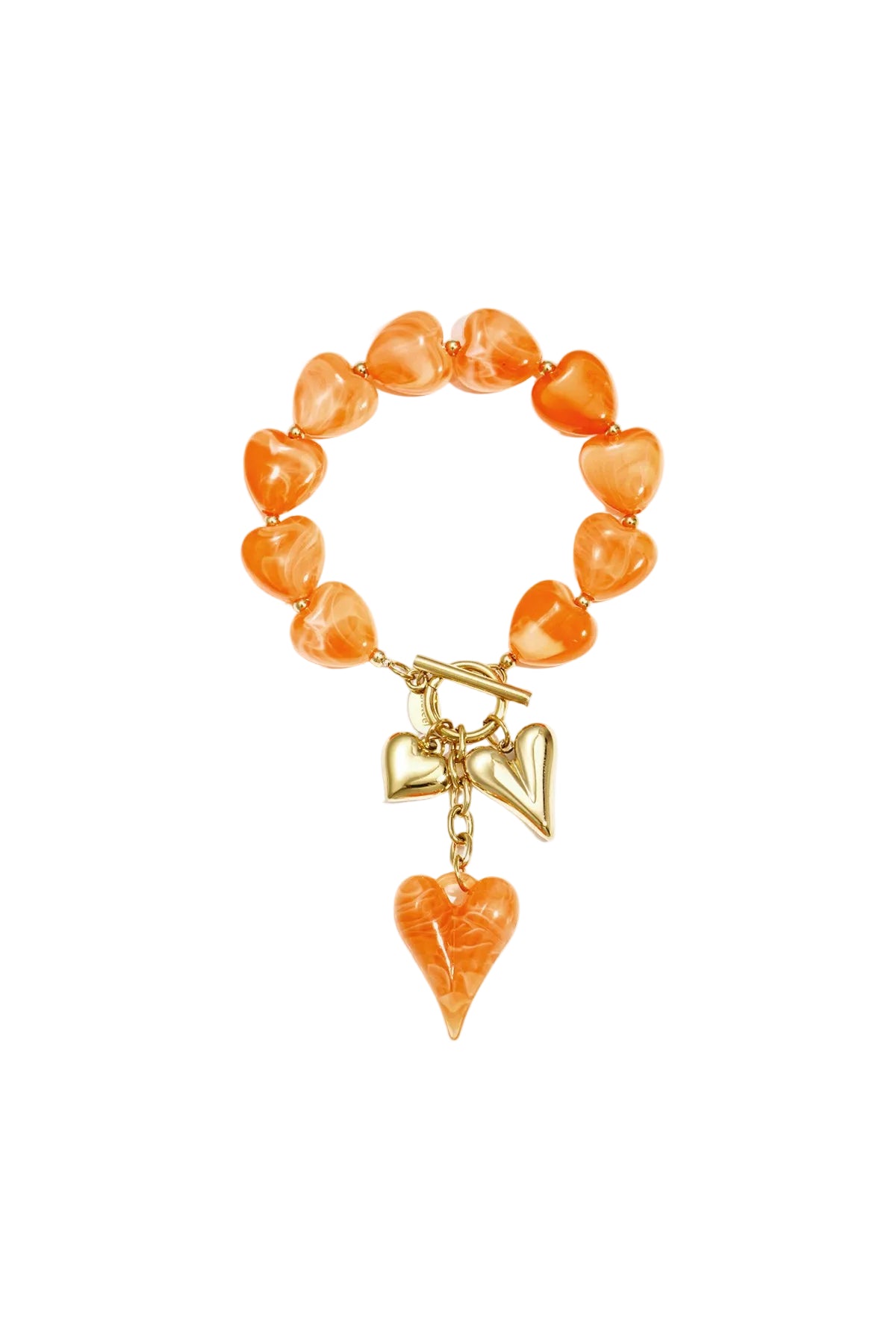 Close-up of orange heart-shaped acrylic beaded bracelet with gold heart charms and toggle clasp on white background