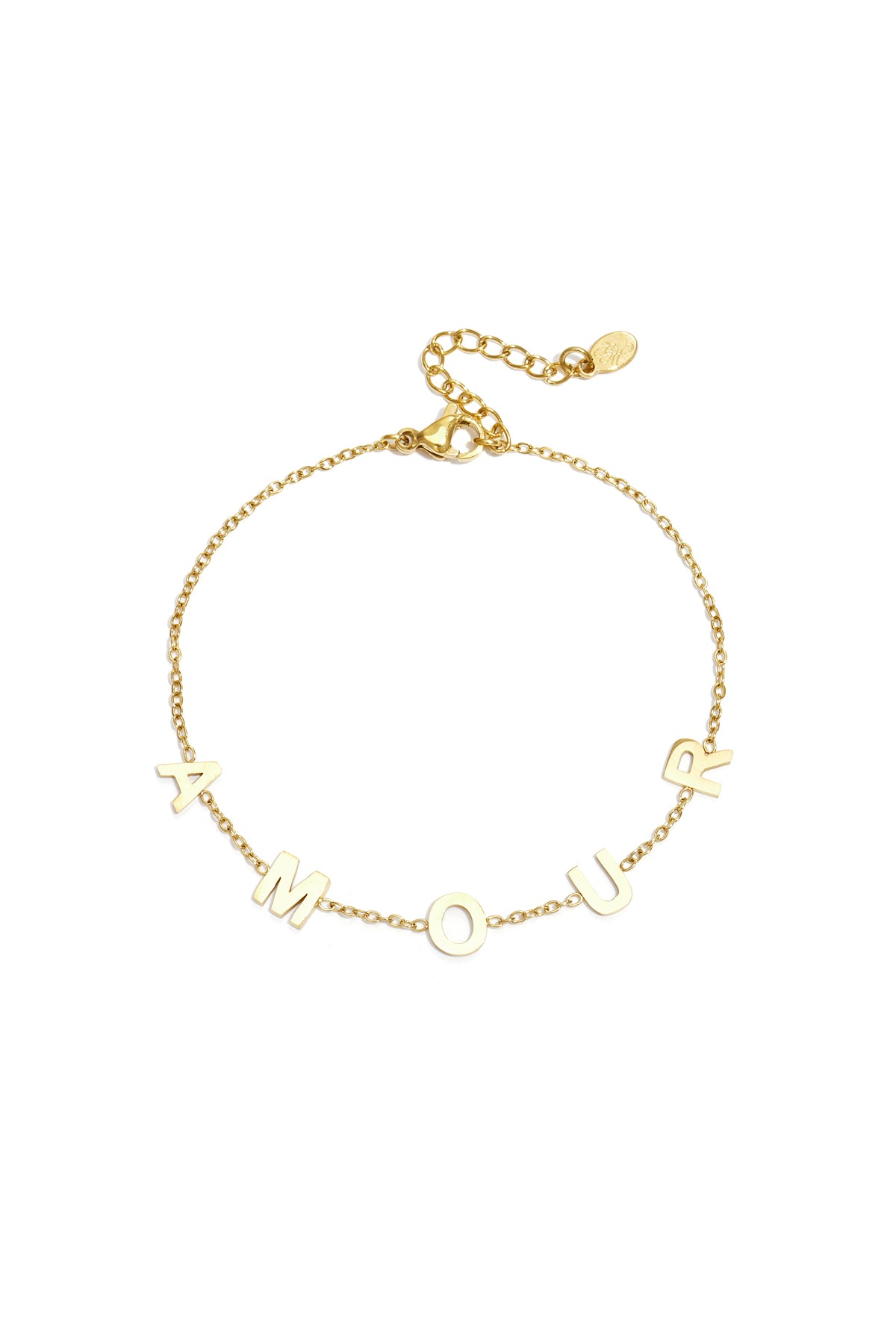 Gold chain bracelet with the letters A M O U R spaced evenly across a delicate link chain and adjustable lobster clasp