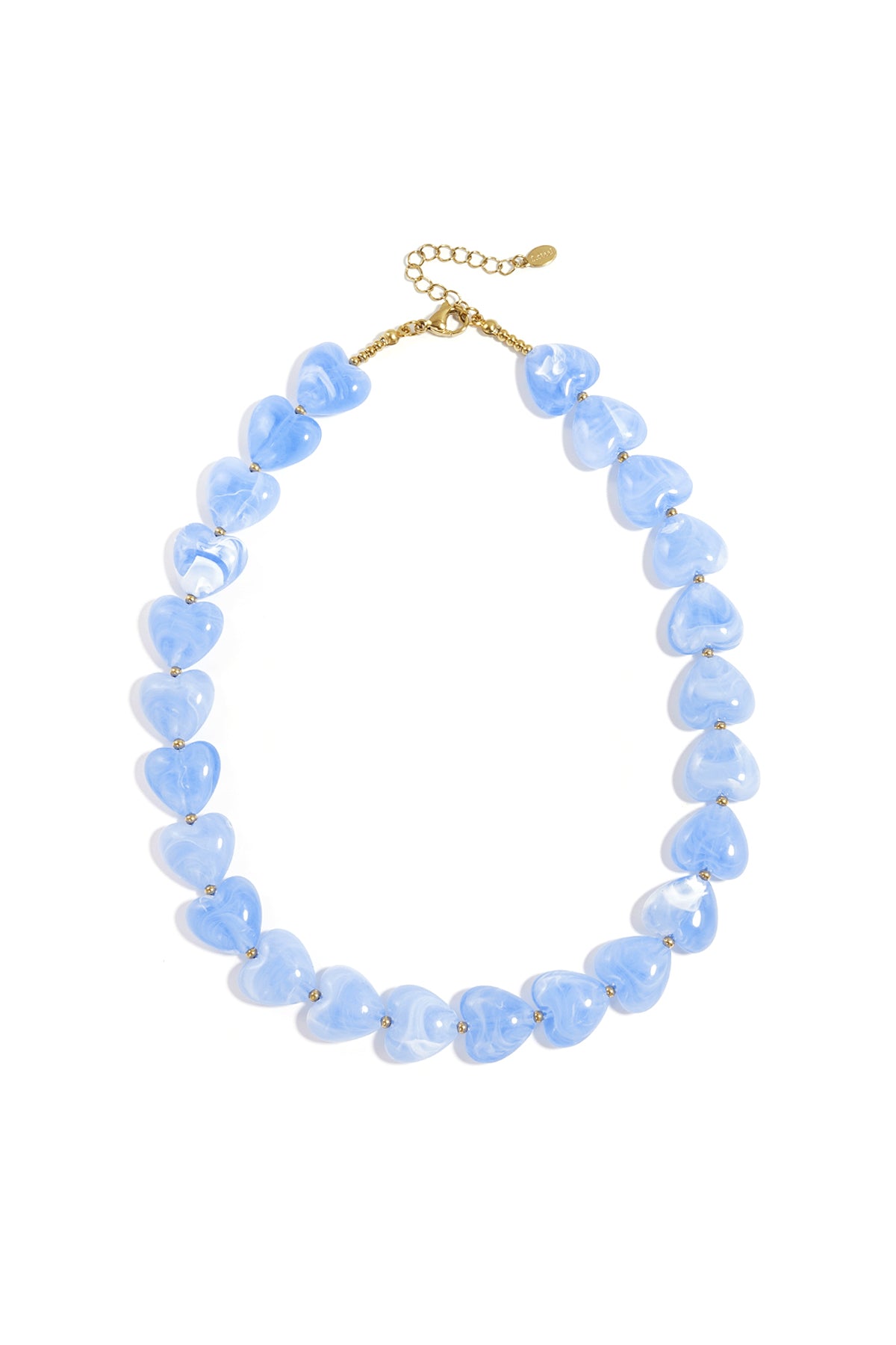 Baby blue heart-shaped acrylic bead necklace with gold spacers on white background