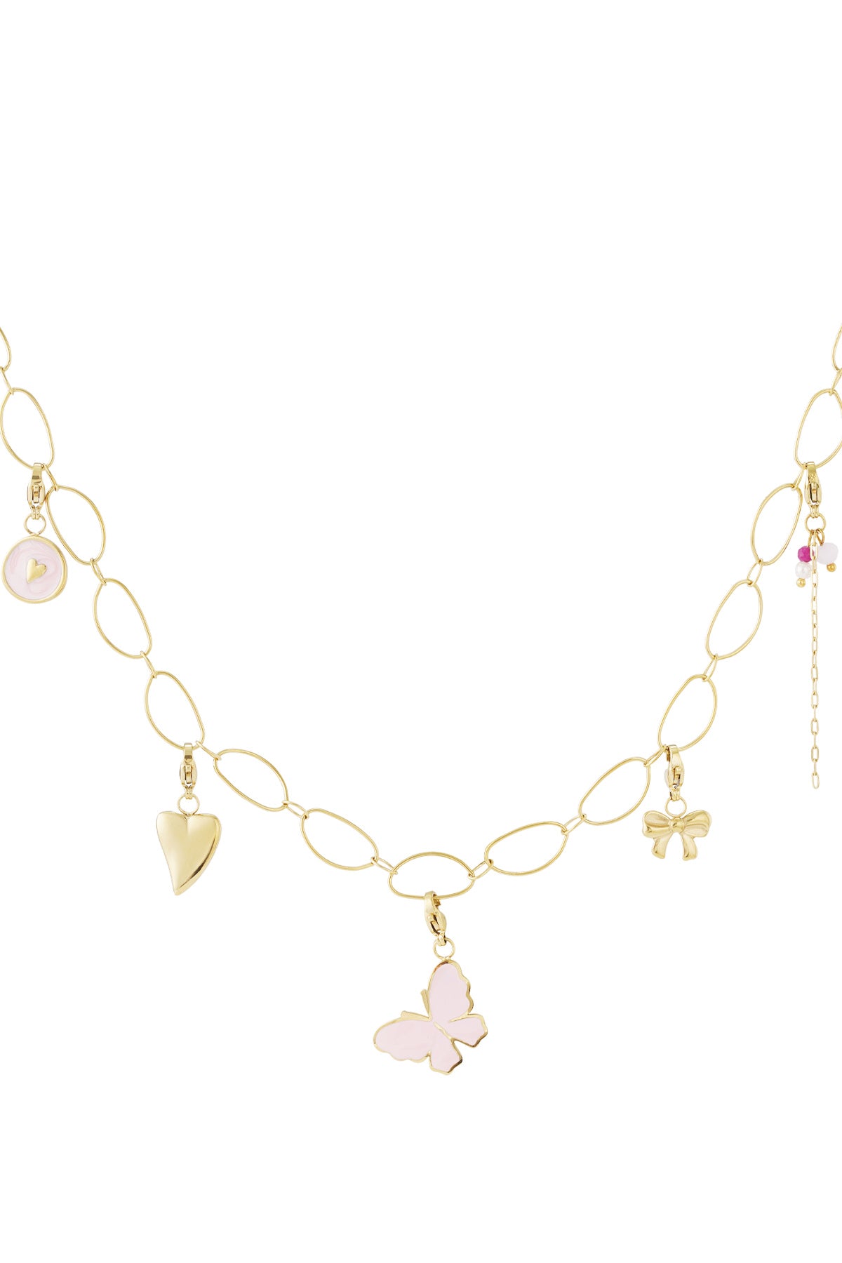 Gold chain necklace featuring charms of a pink butterfly, solid heart, bow, and a pink enameled heart coin.
