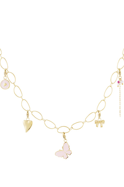 Gold chain necklace featuring charms of a pink butterfly, solid heart, bow, and a pink enameled heart coin.