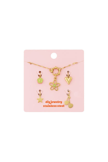 Gold stainless steel Glimmering Beaded Charm Set featuring a necklace and charms: flower, heart, star, and cherry.