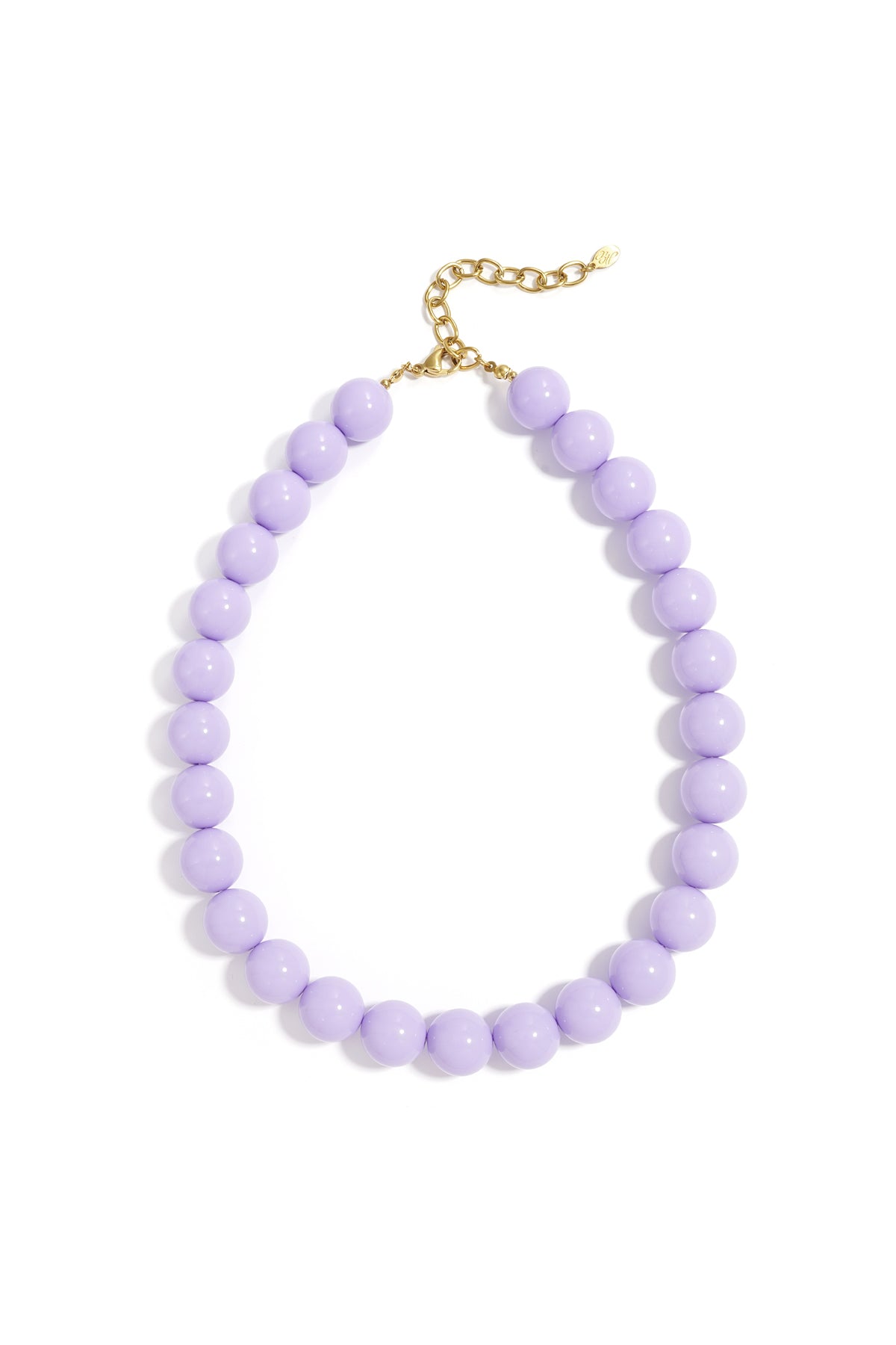 Vibrant purple chunky resin beaded necklace with gold chain clasp photographed on white background
