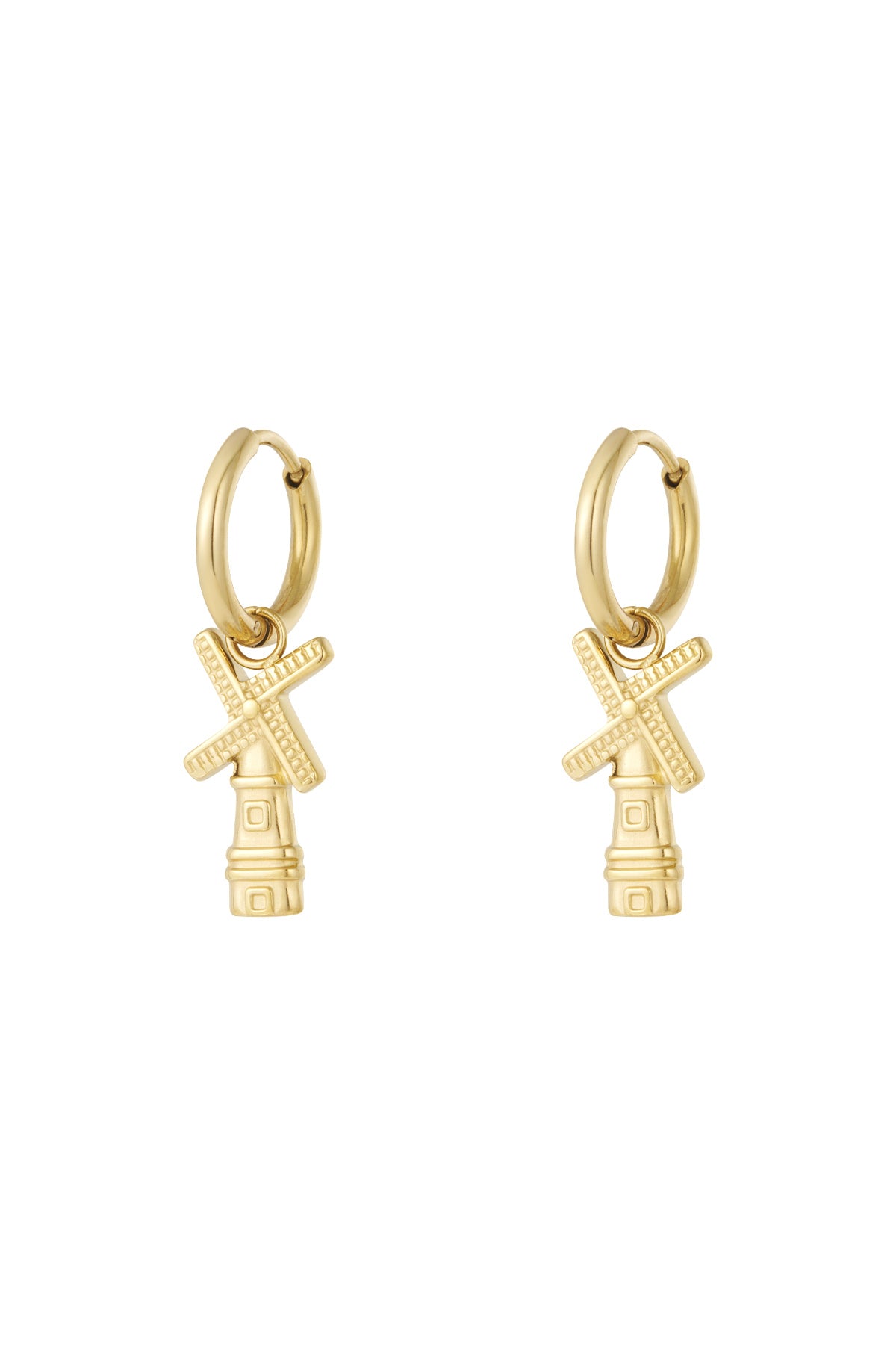 Pair of gold windmill charm hoop earrings with detailed blades on white background