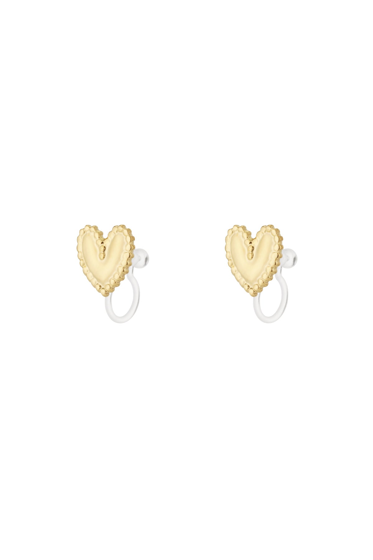 Pair of gold-tone heart-shaped clip-on earrings with delicate beaded edges on white background