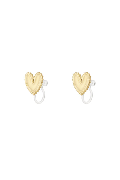 Pair of gold-tone heart-shaped clip-on earrings with delicate beaded edges on white background
