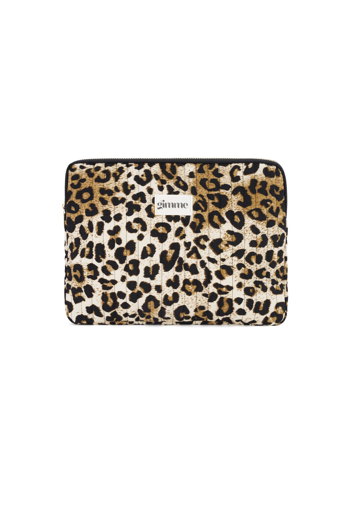 Front view of leopard print laptop sleeve with gold zipper and Gimme logo patch