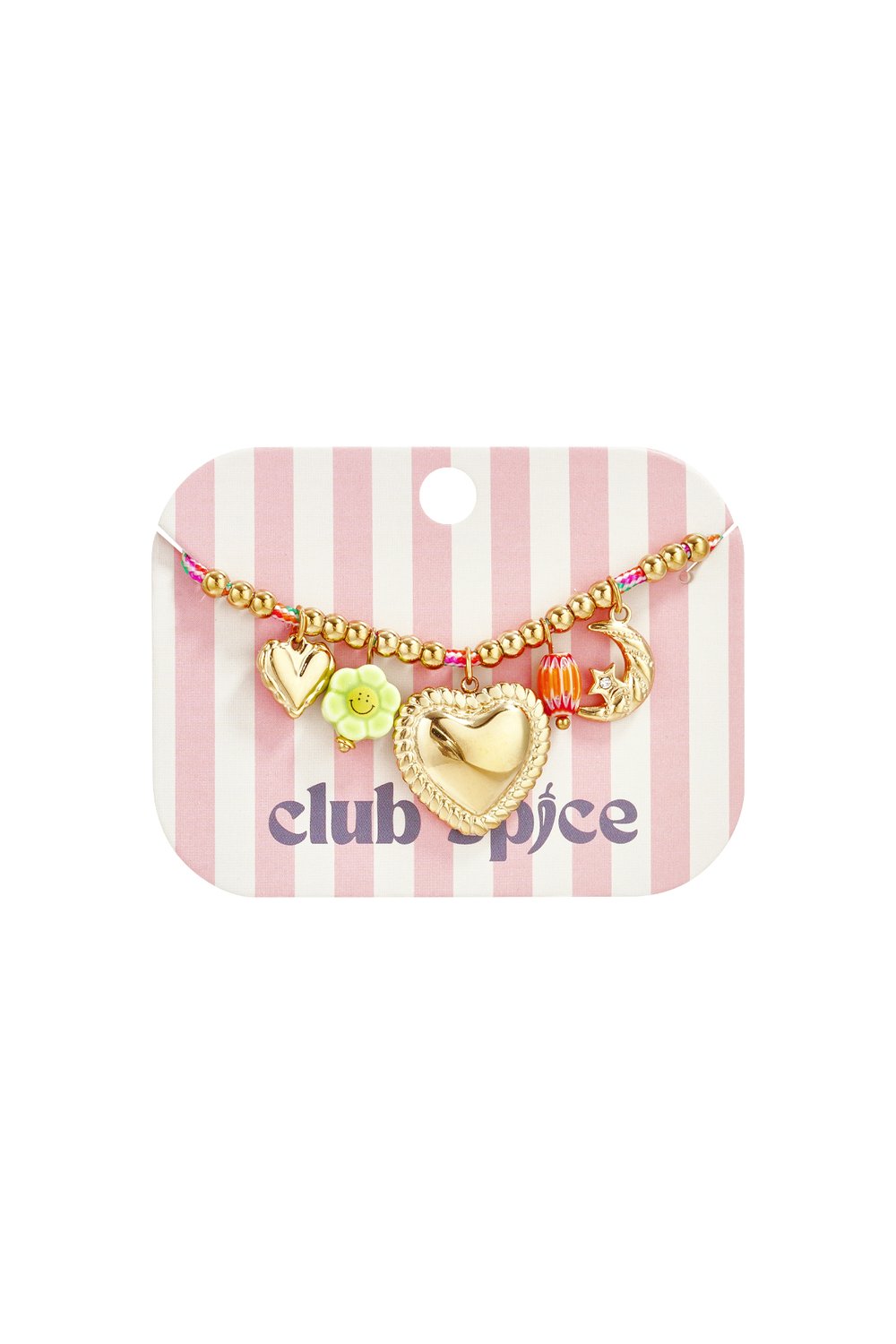 Gold bead bracelet featuring a large heart charm, small smiley flower, moon, and colorful accents on striped display.