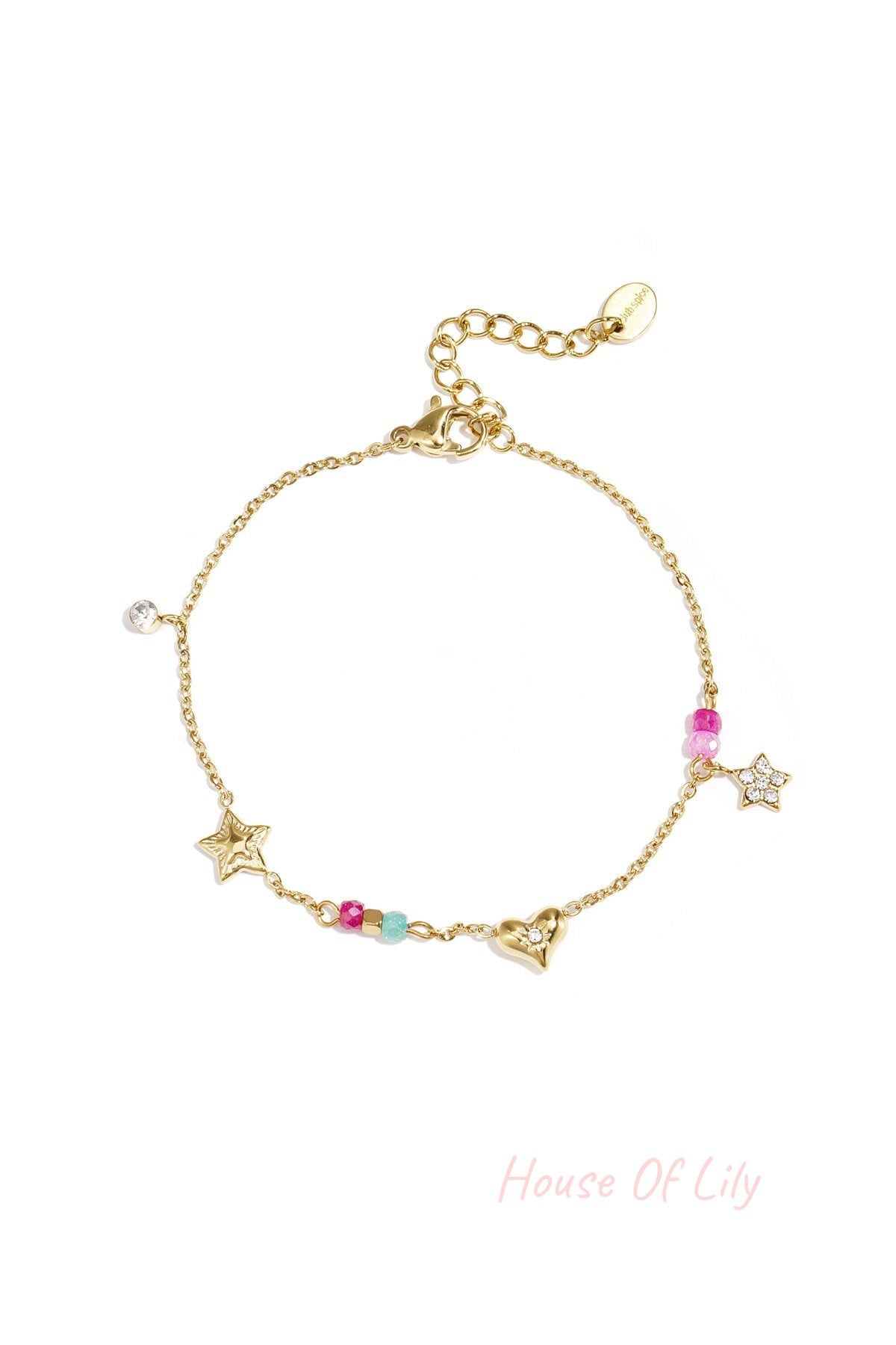 Charm bracelet with heart, star, stones and beads