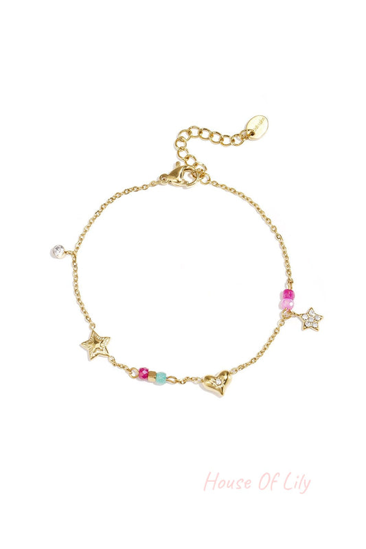 Charm bracelet with heart, star, stones and beads