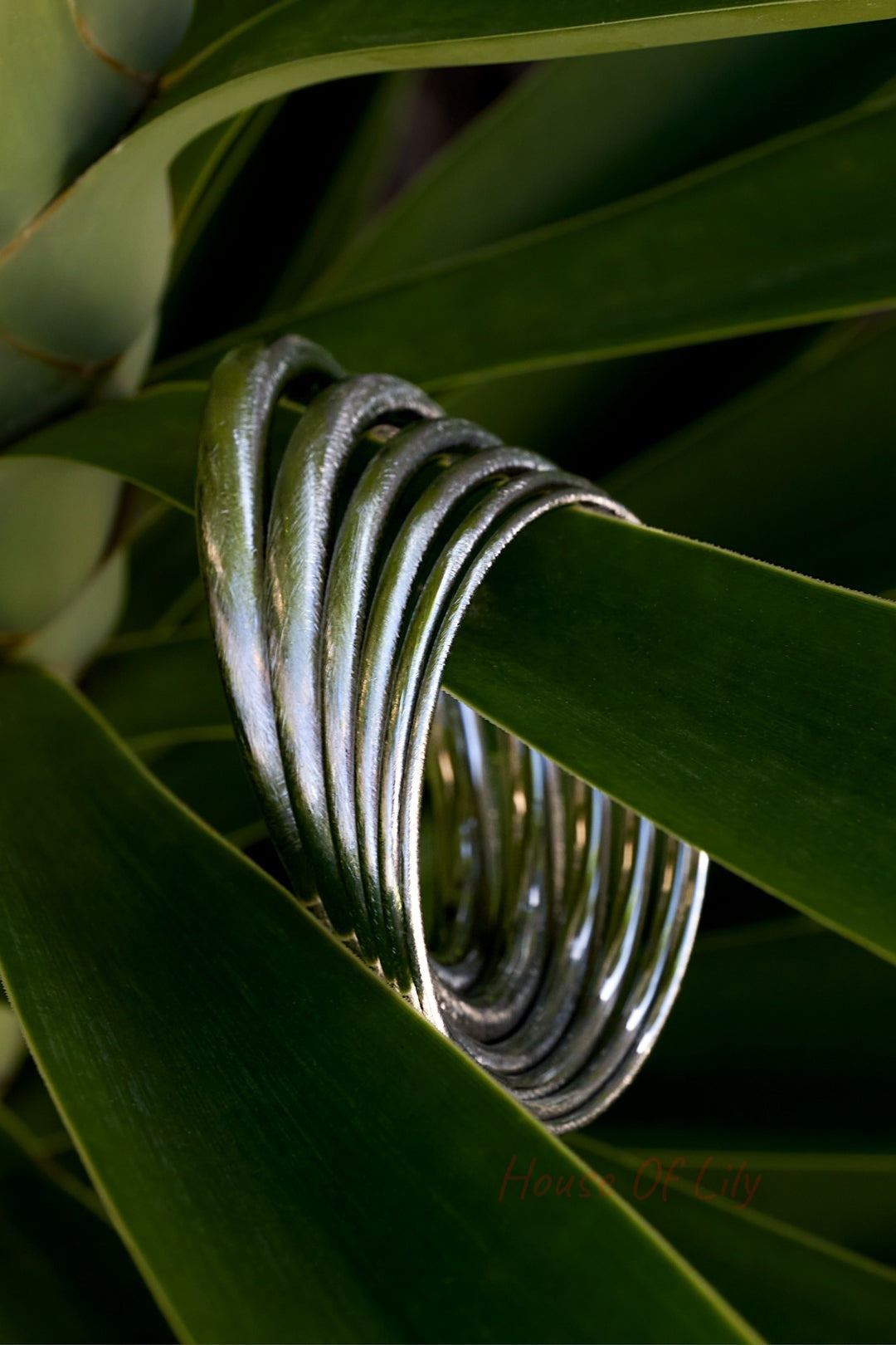 Ultra Slim Circle Bangle: A stack of thin, polished silver-toned metal bracelets resting on green plant leaves.