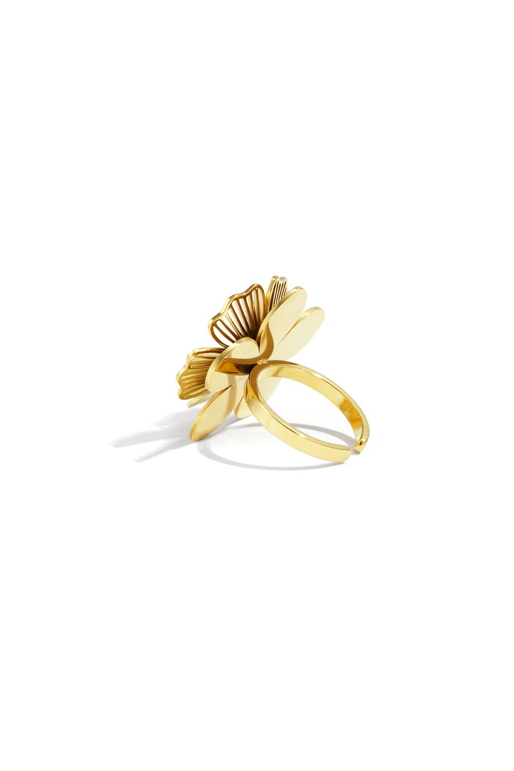 Bloom Core Stacker gold ring featuring a large, stylized layered flower design with smooth and ribbed petals.