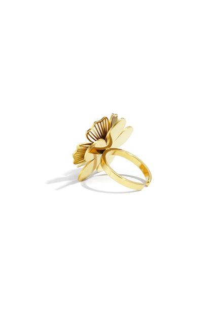 Bloom Core Stacker gold ring featuring a large, stylized layered flower design with smooth and ribbed petals.