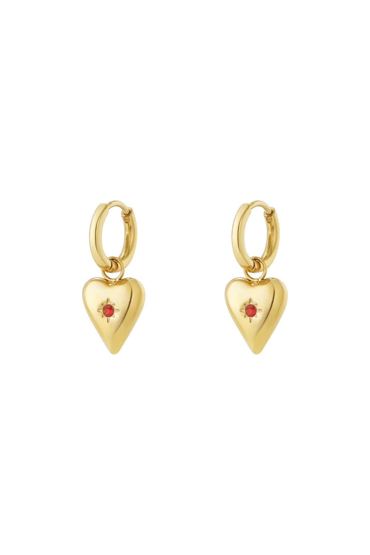 Gold-plated heart charm earrings with red birthstone centre on hoop backings