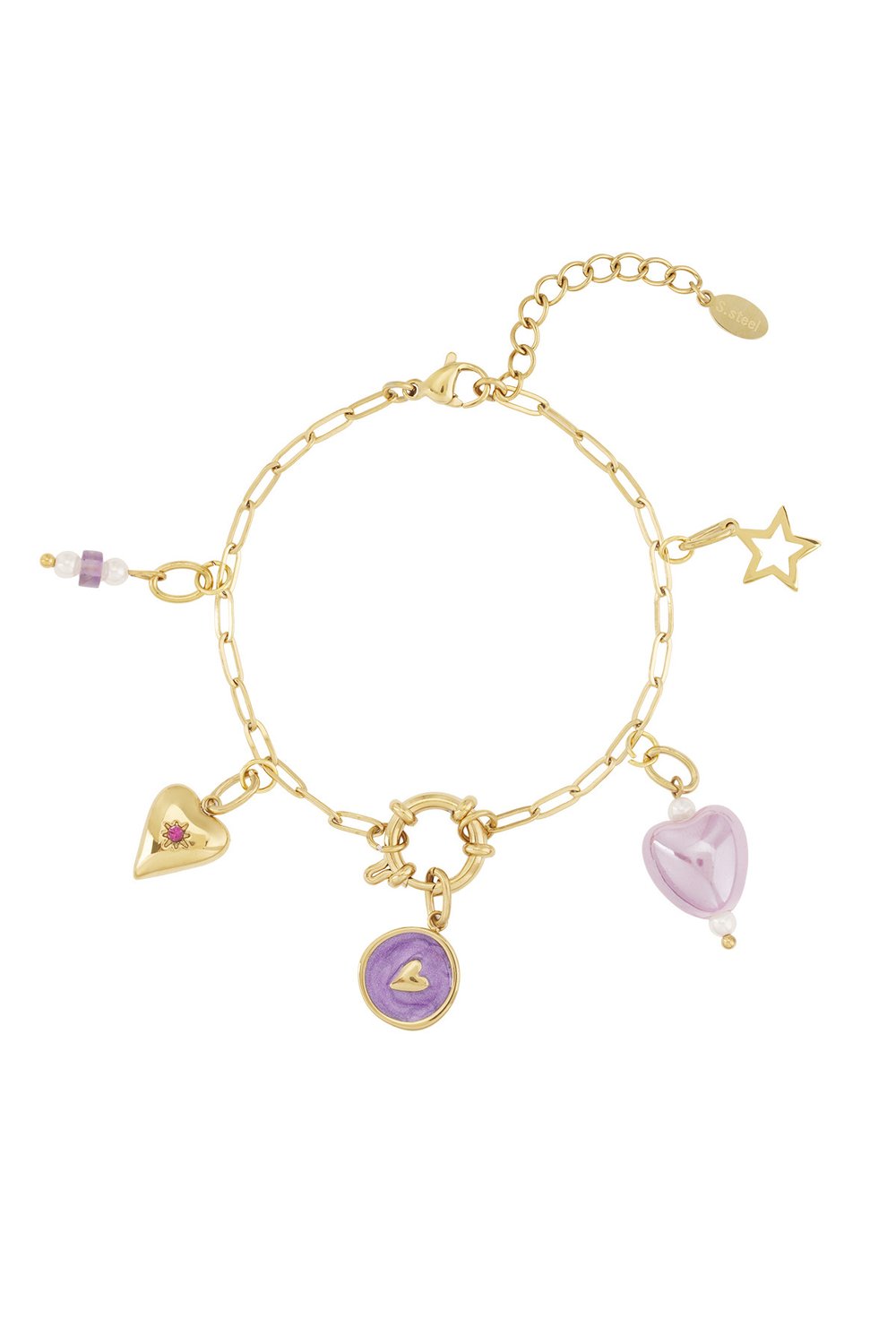 Gold-tone chain bracelet with assorted purple enamel, heart, star, and gemstone charms.
