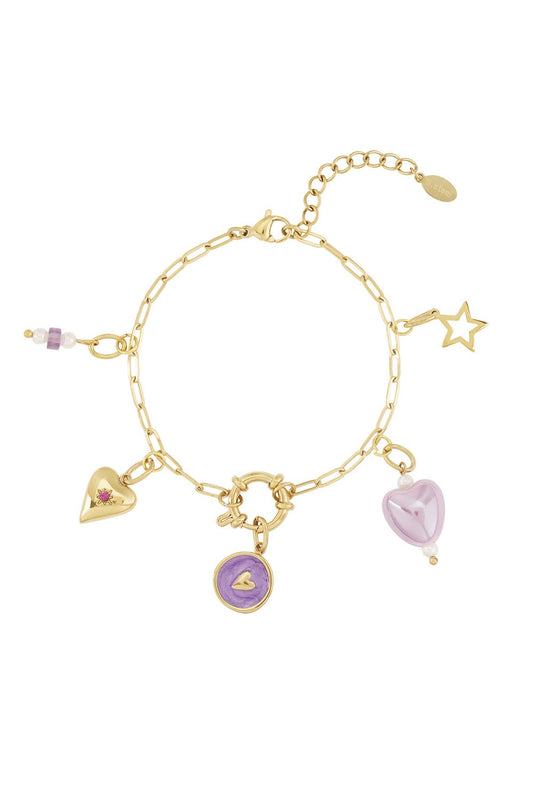 Gold-tone chain bracelet with assorted purple enamel, heart, star, and gemstone charms.