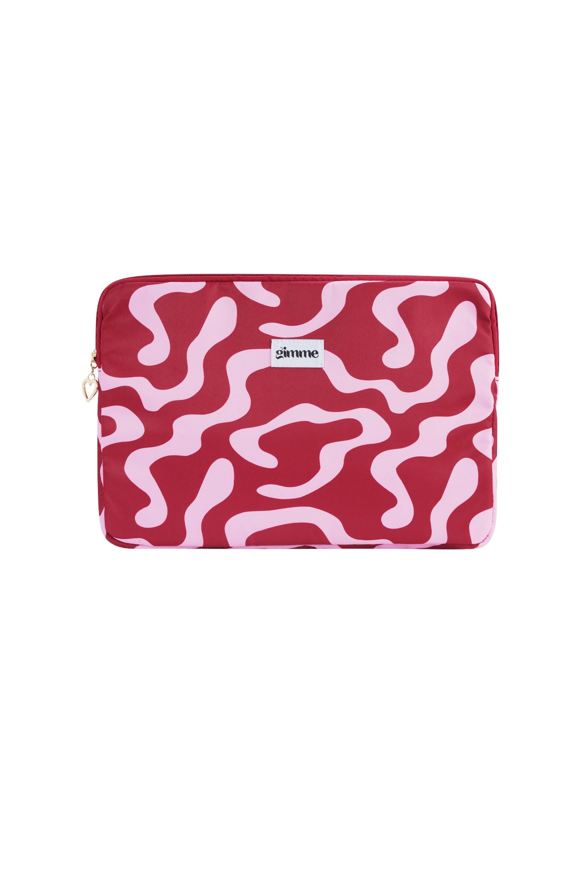 Red and pink wavy patterned laptop sleeve with gimme brand label and heart-shaped zipper pull