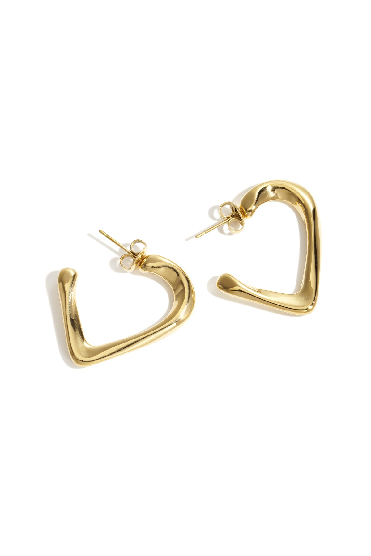Pair of gold heart-shaped hoop earrings with smooth polished finish on white background