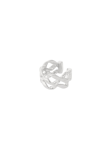 Close-up image of a shiny silver twisted chain ear cuff with an open adjustable design on a white background