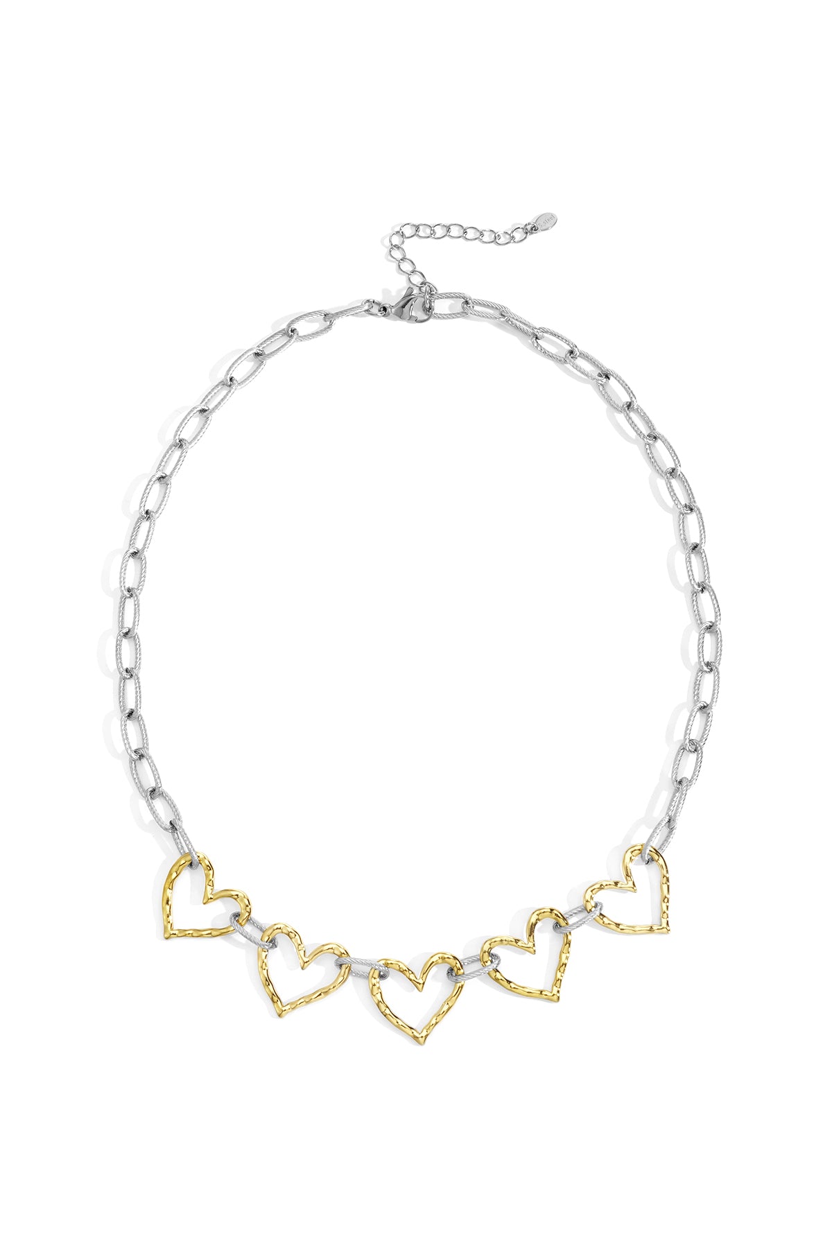 Two-tone heart link necklace with gold heart charms on silver chain laid flat on white background