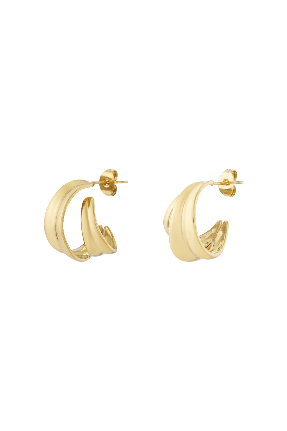 A pair of polished gold-tone curved sculptural hoop earrings with a smooth double-band design on a white background