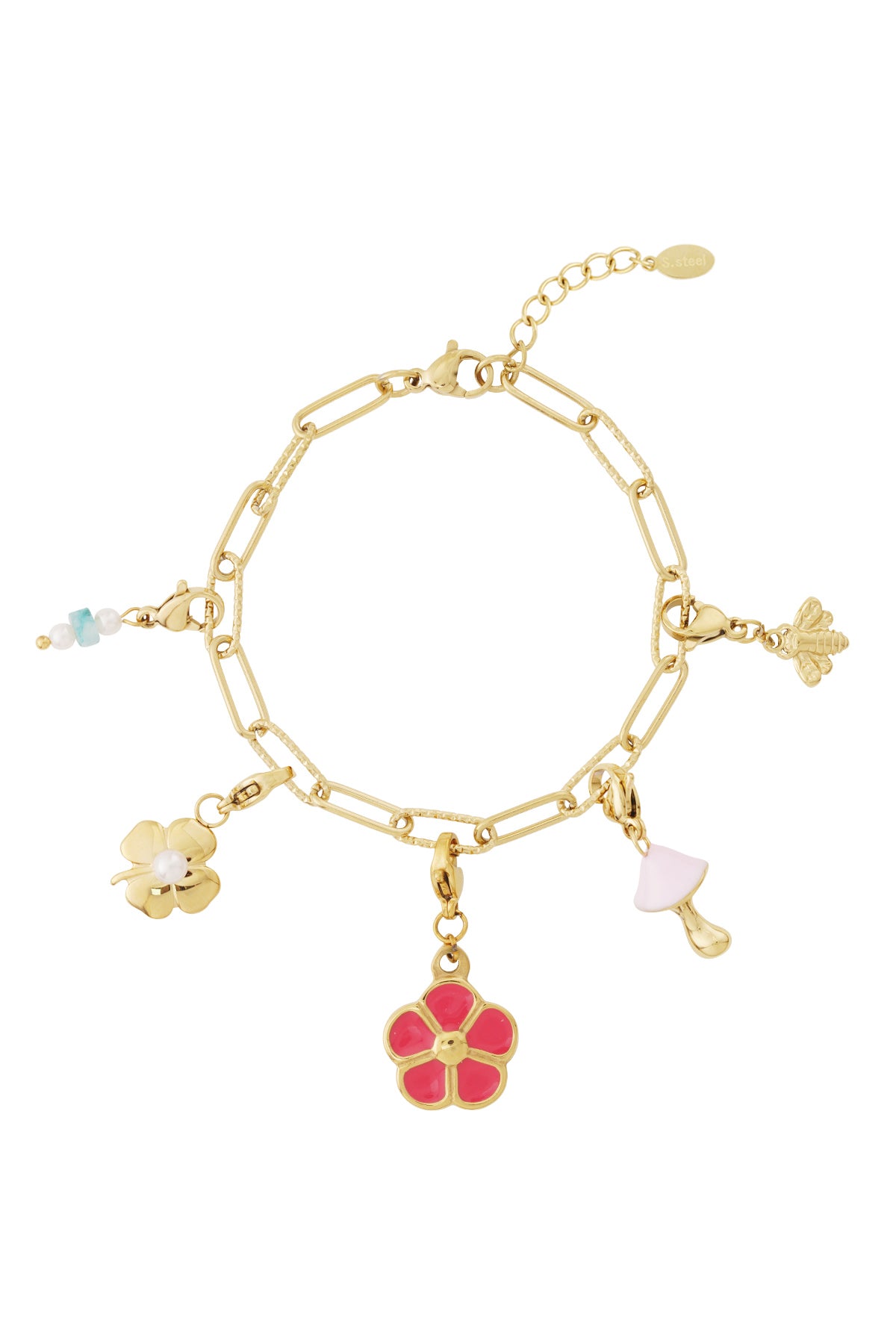 Gold link charm bracelet featuring whimsical charms: a pink flower, pearl clover, mushroom, bee, and beaded accent.