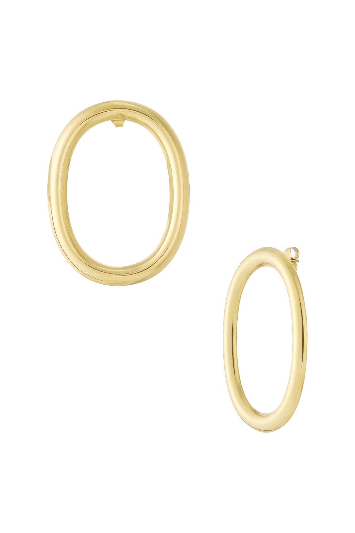 Gold oval hoop earrings shown from front and side views on white background