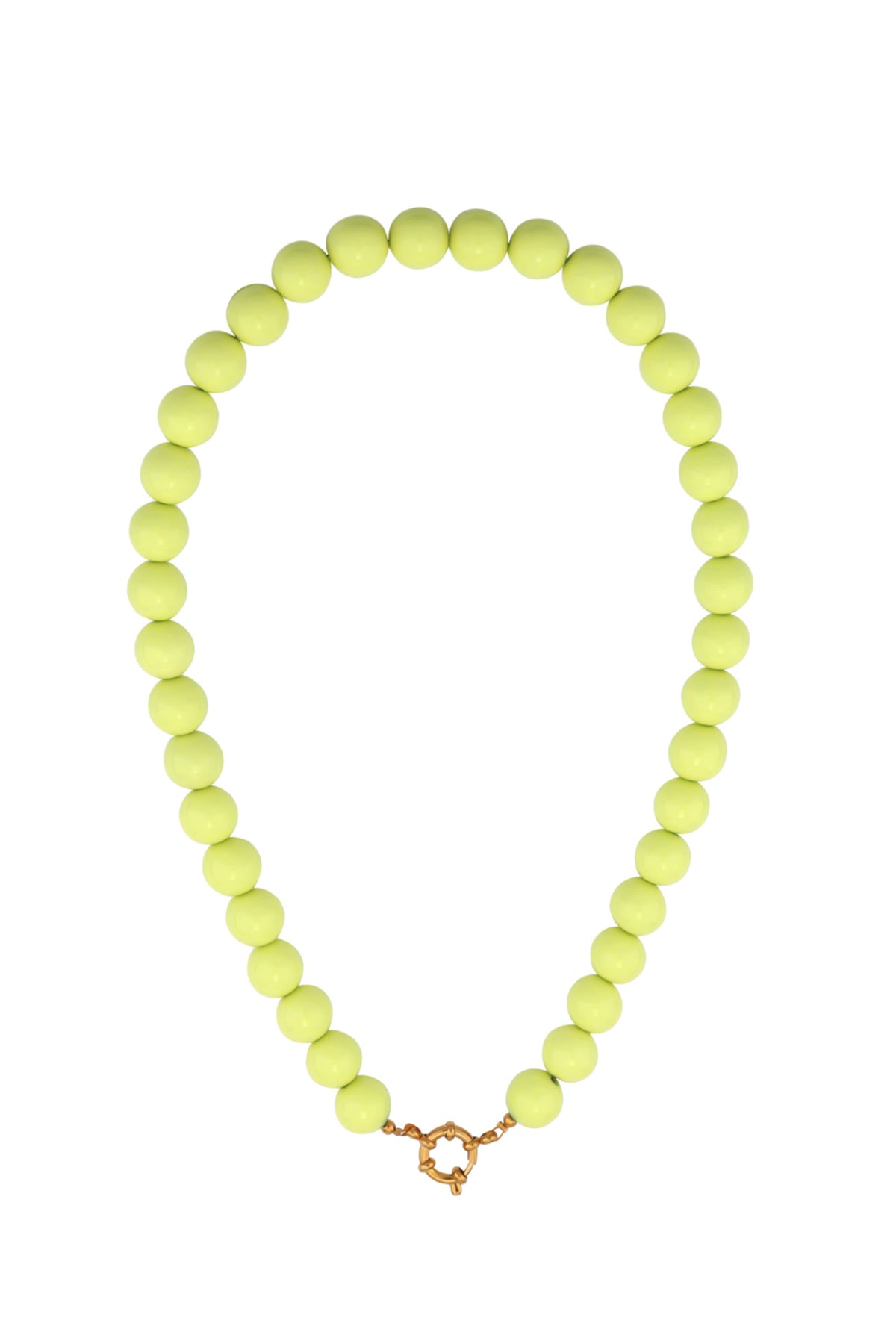 Single strand necklace with glossy navy blue resin beads and gold spring ring clasp on white background