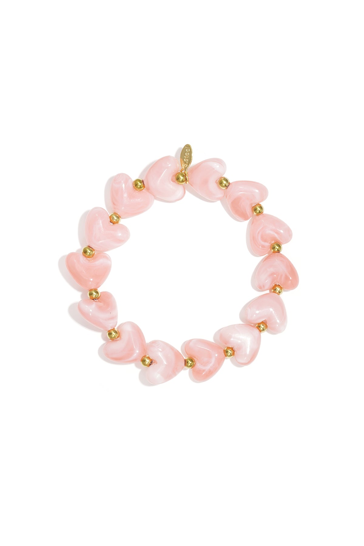 Stretch bracelet featuring pink marbled heart-shaped beads and small gold metal spheres on a white background.