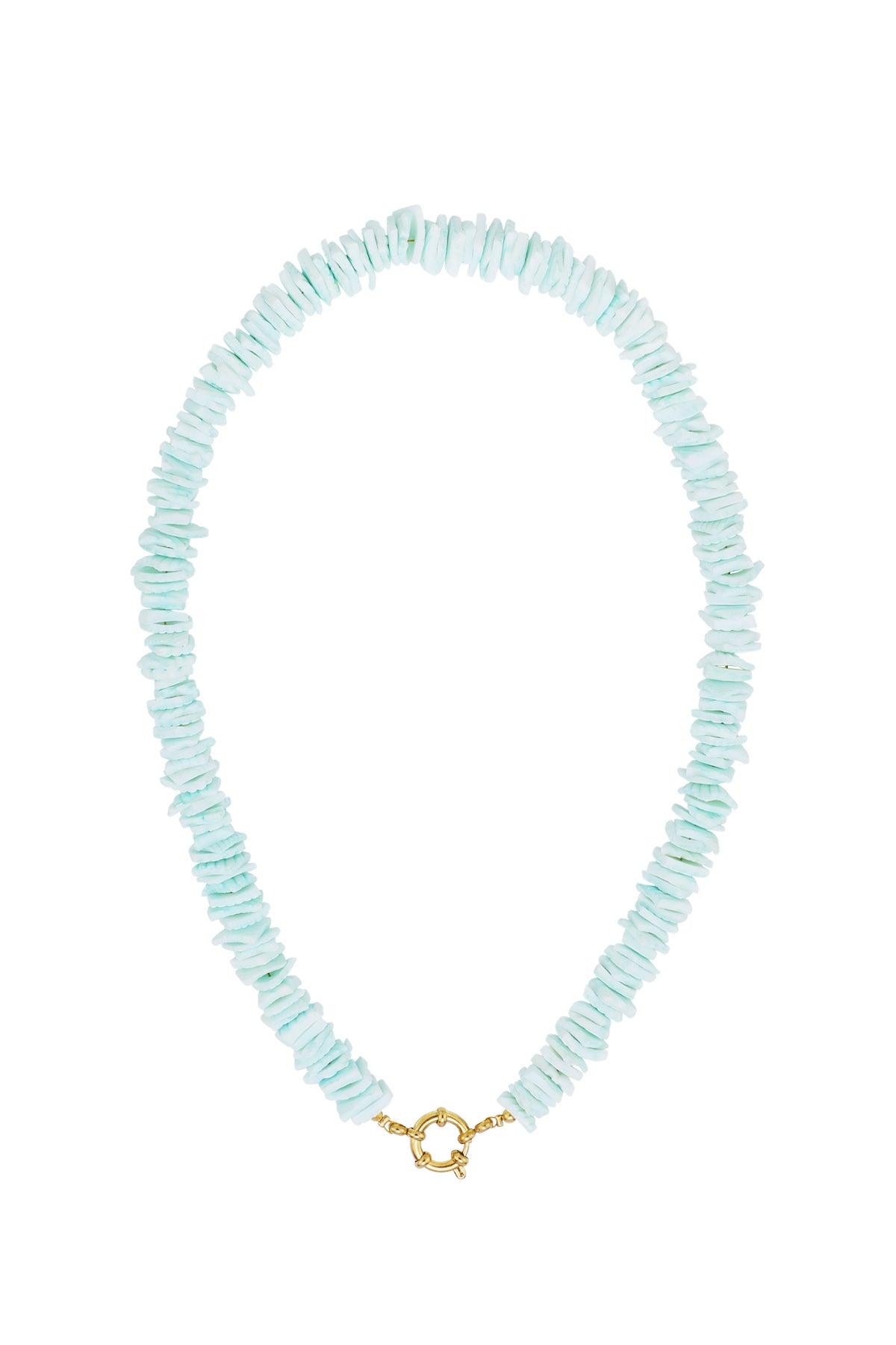 Mint green shell choker necklace with gold clasp against white background