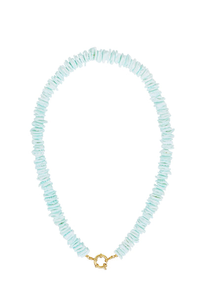 Mint green shell choker necklace with gold clasp against white background