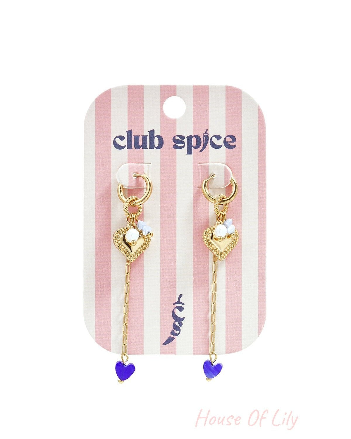 Small hoop earrings with long chain, heart and beads