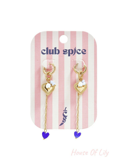 Small hoop earrings with long chain, heart and beads