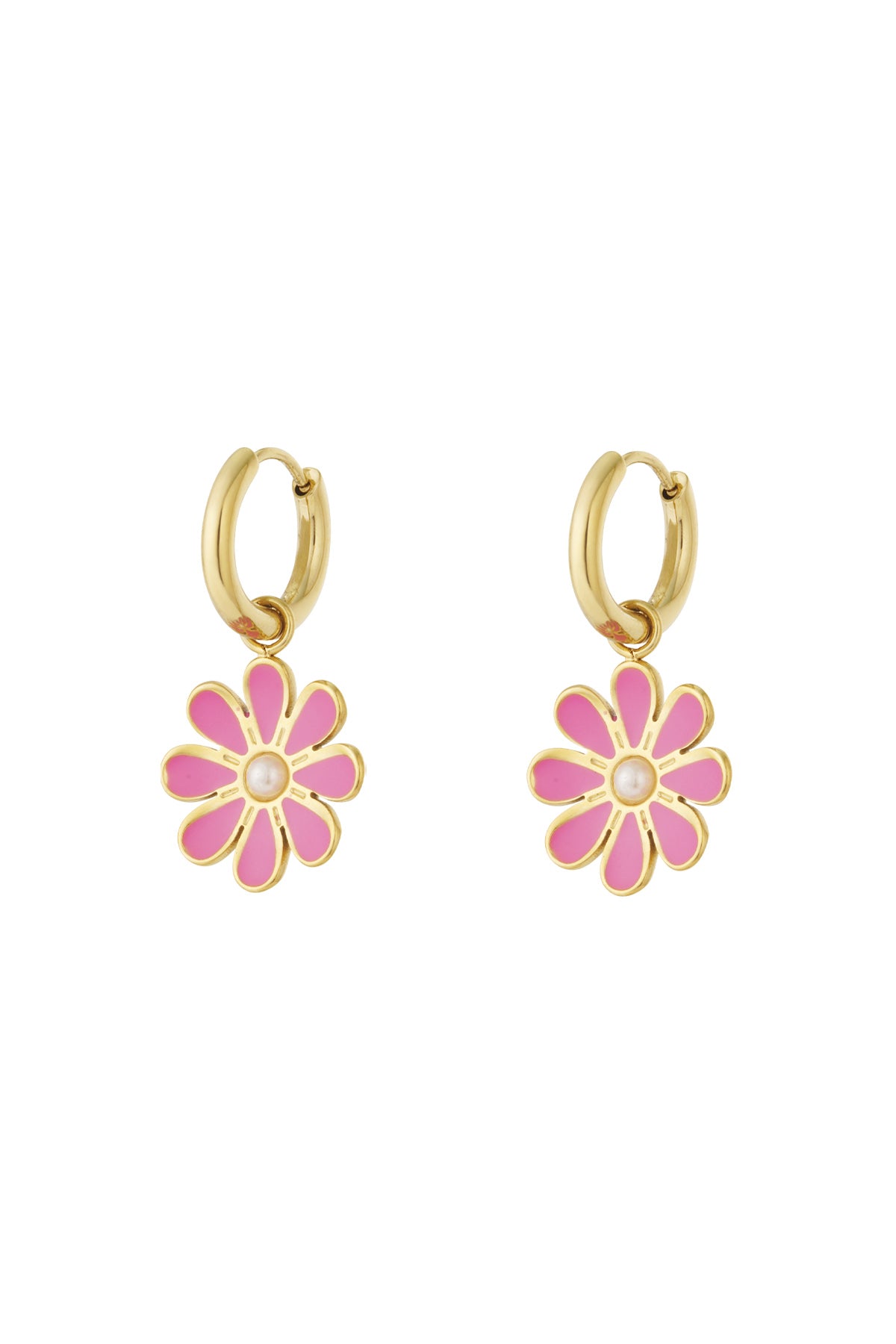 Pair of gold hoop earrings with pink enamel flower charms and pearl center on white background