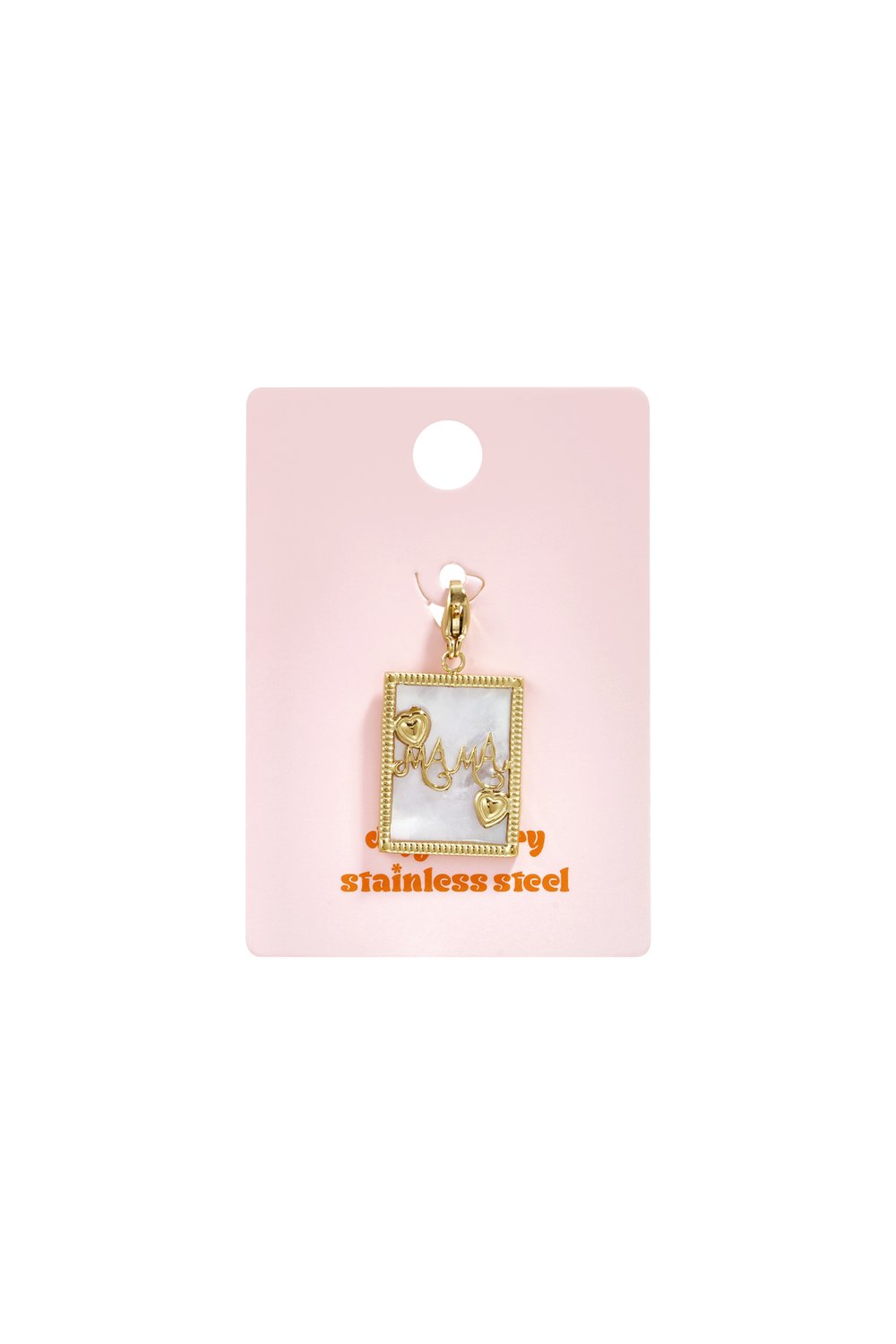 Gold-toned stainless steel rectangular charm featuring a white pearl-like inlay and delicate heart accents.