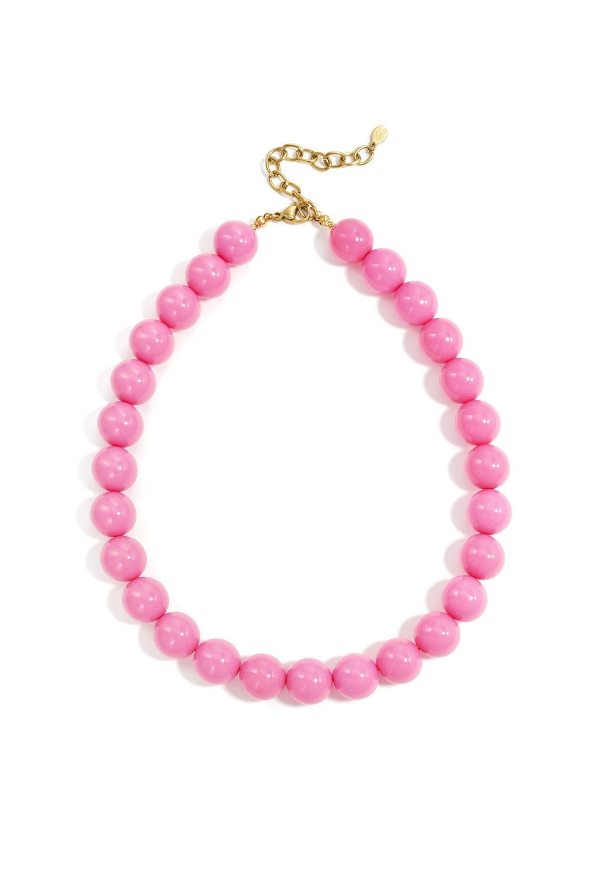 Pink chunky resin beaded necklace with gold chain extension on white background