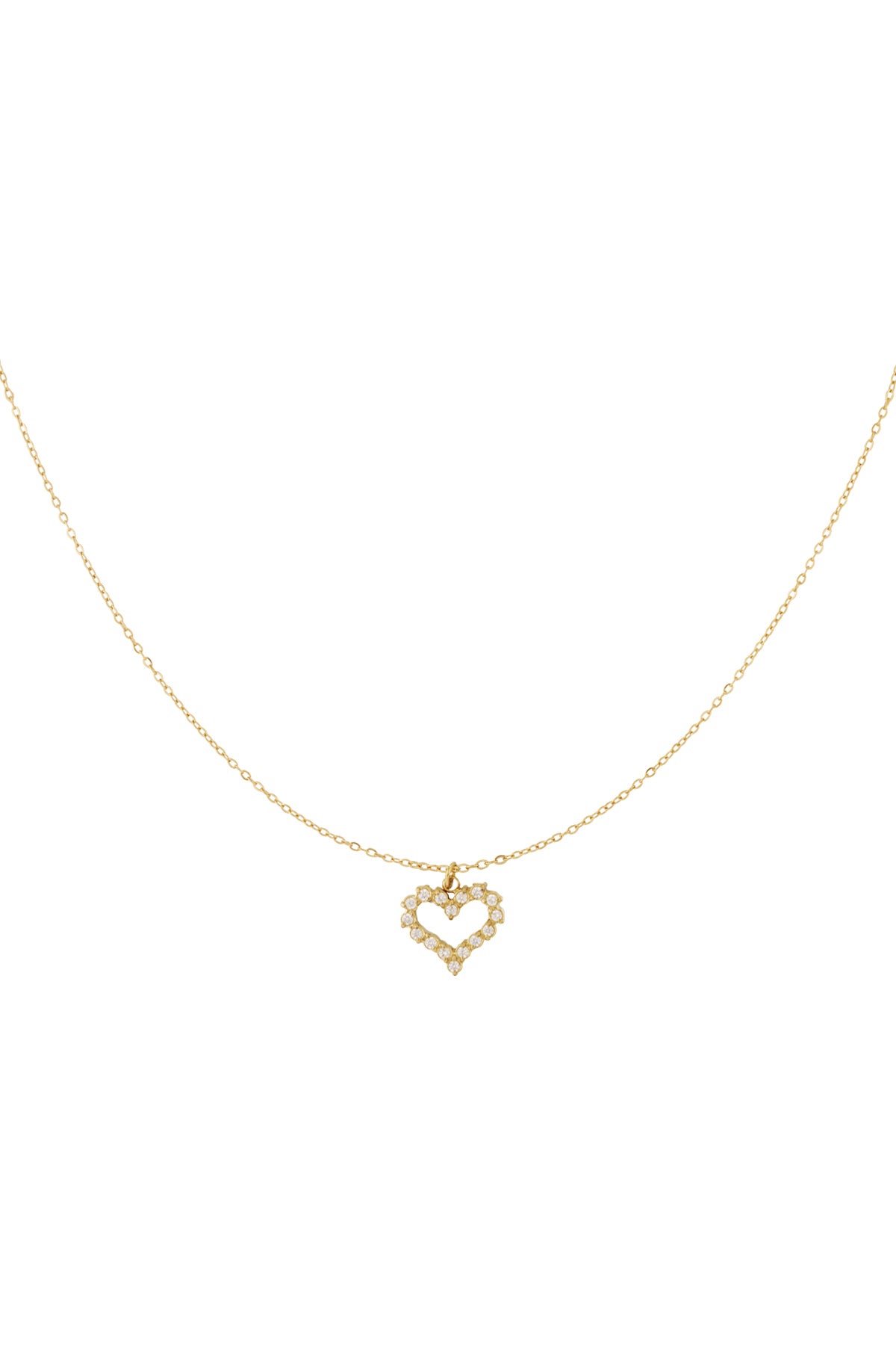 Gold-plated delicate open heart rhinestone pendant necklace on white background