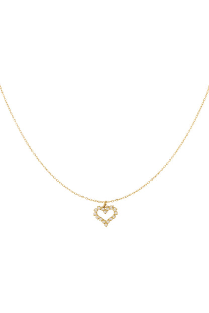 Gold-plated delicate open heart rhinestone pendant necklace on white background