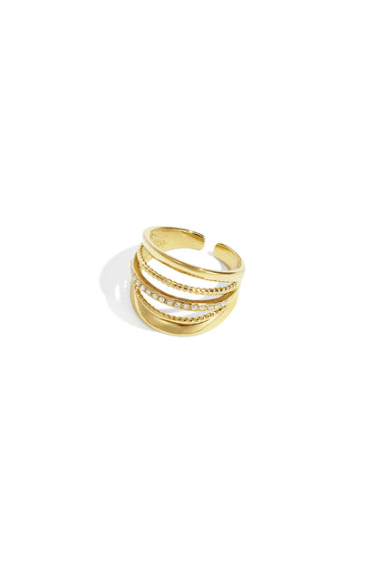Close-up of an adjustable gold-tone layered statement ring with rhinestones on white background