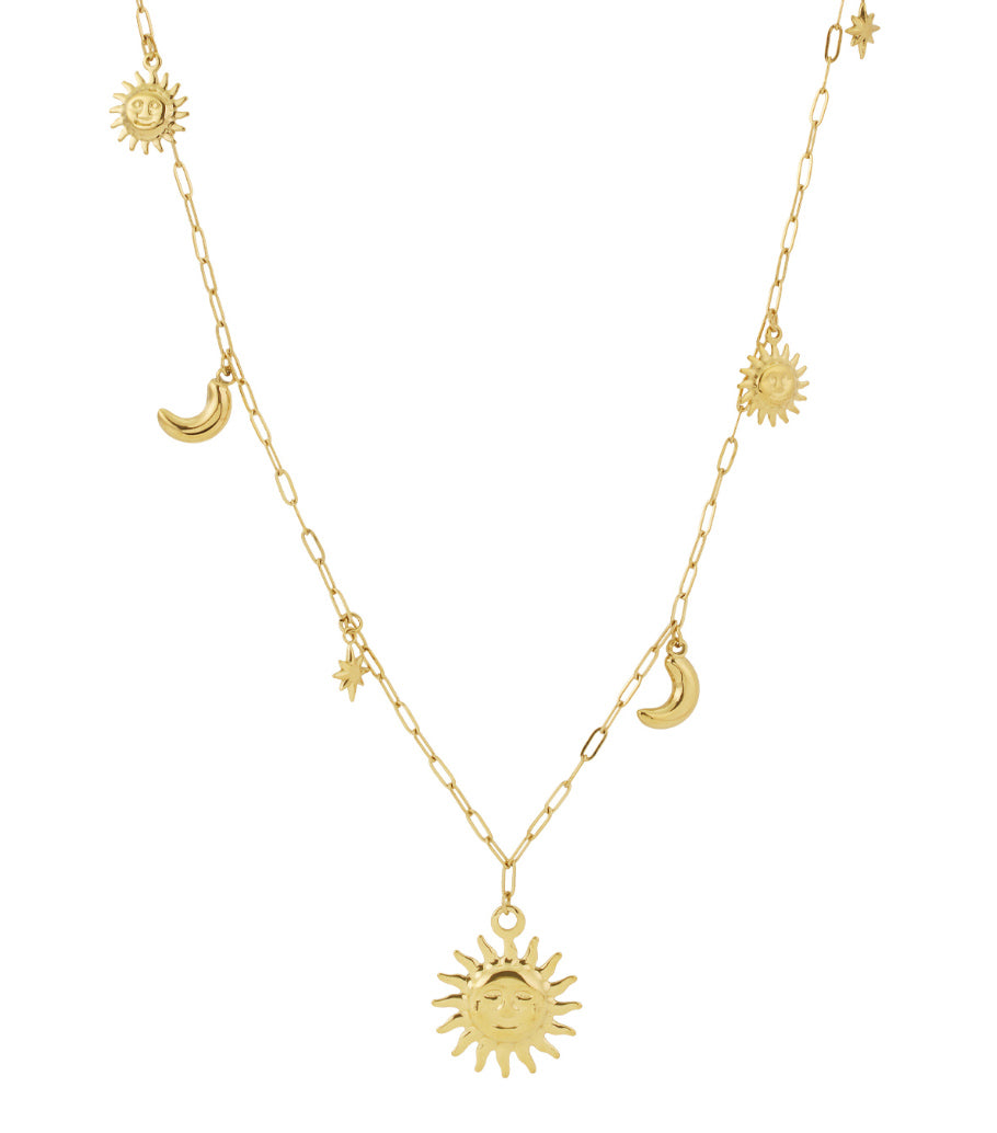 Gold-tone long necklace with sun, moon, and star pendants displayed on white background