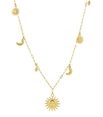 Gold-tone long necklace with sun, moon, and star pendants displayed on white background