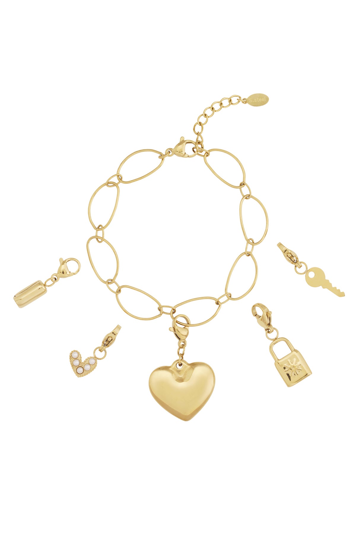 Golden link charm bracelet with five detachable gold charms including heart, key, lock, bottle and pearl heart on white background