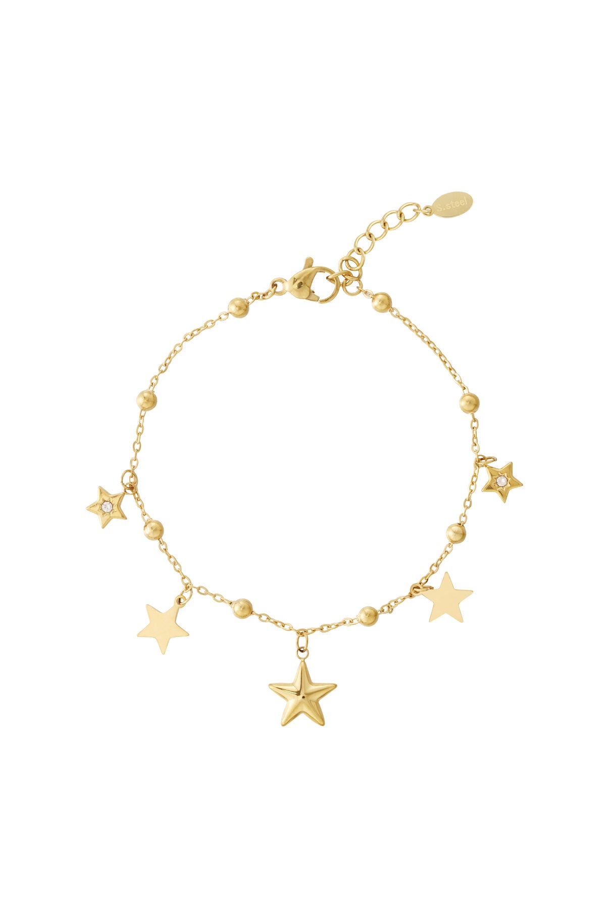 Gold star charm bracelet with multiple star and bead charms on a white background