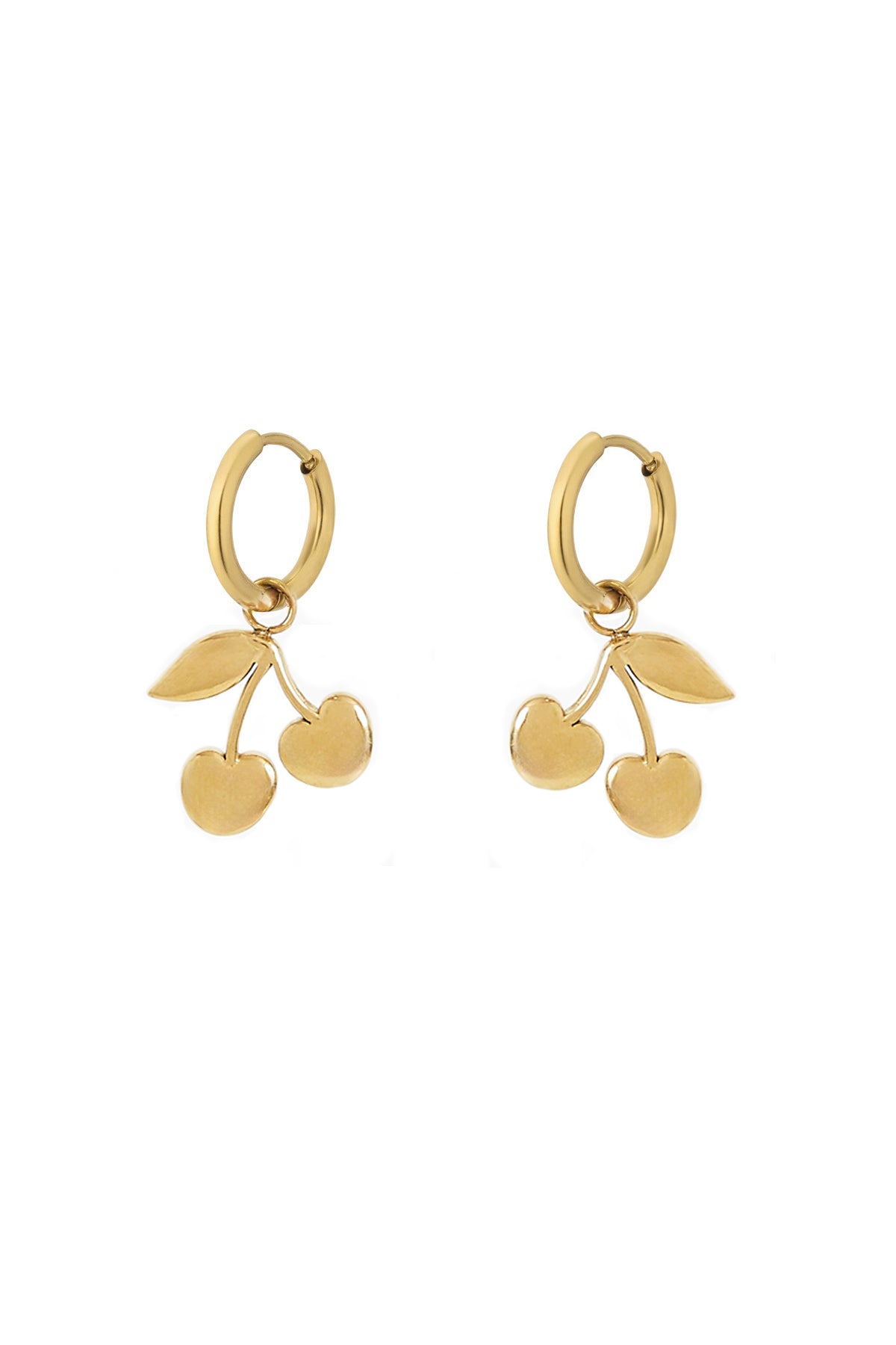 Pair of gold-tone cherry charm drop earrings with hoop closures on a white background