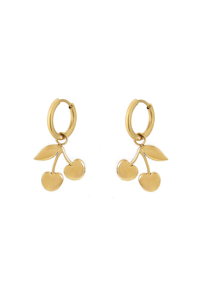 Pair of gold-tone cherry charm drop earrings with hoop closures on a white background