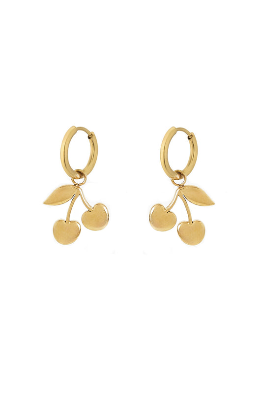 Pair of gold-tone cherry charm drop earrings with hoop closures on a white background
